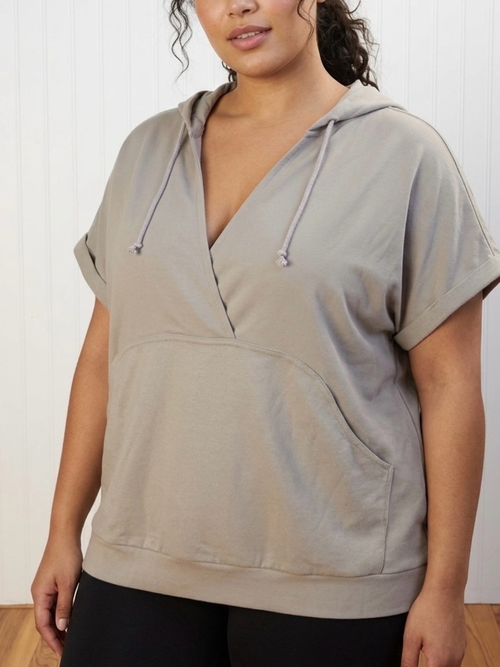 Heyson Oversized Short Sleeve Banded Waist Hooded Pullover Sweatshirt V-Neck 1X